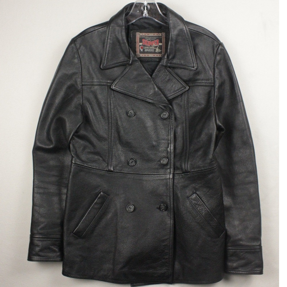 Vintage Skipper Leather Peacoat Women L Black Double Breasted 90s Y2K